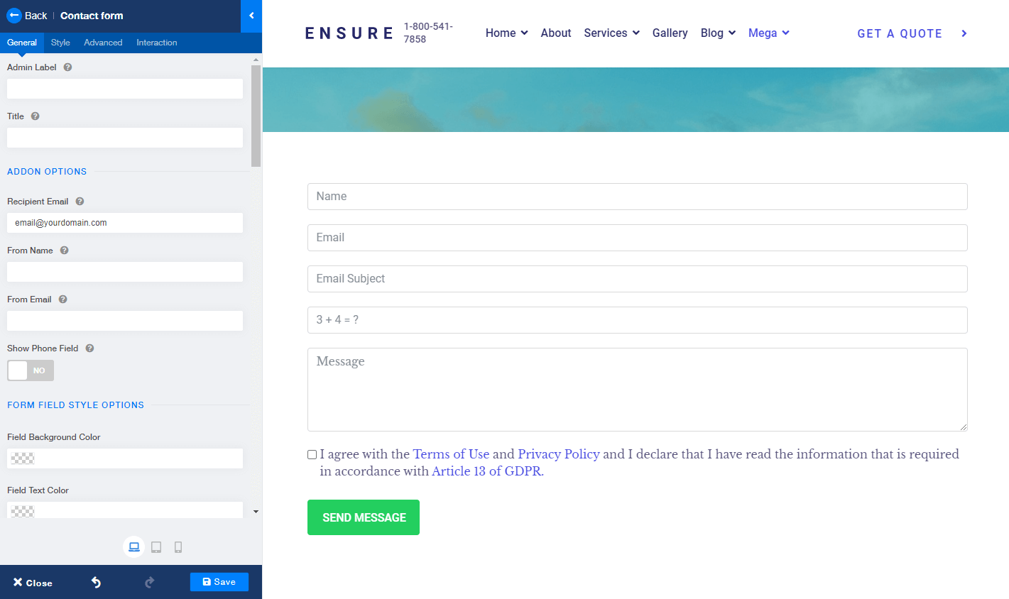 Contact form layout preview