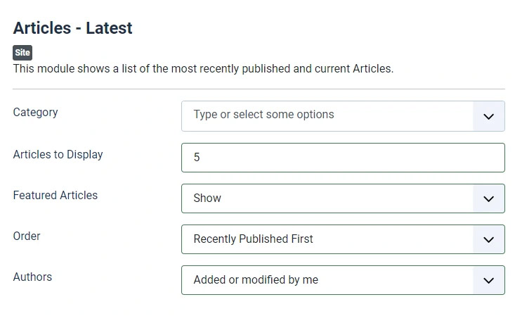 Настройки модуля mod_articles_latest в Joomla