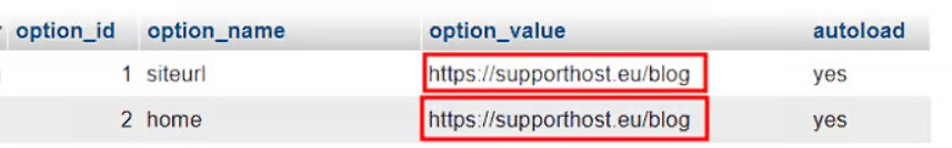 Проверка параметров siteurl и home в phpMyAdmin