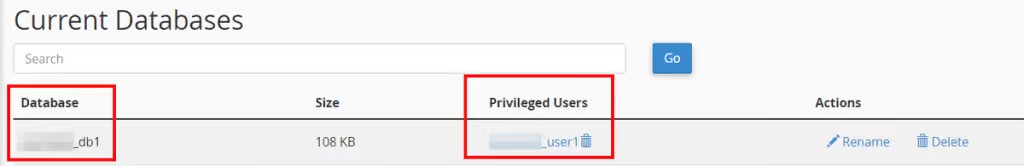 Список баз данных в MySQL через cPanel