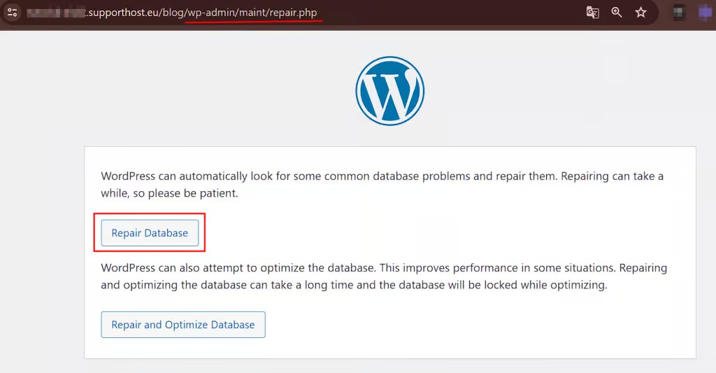Интерфейс инструмента ремонта базы данных WordPress