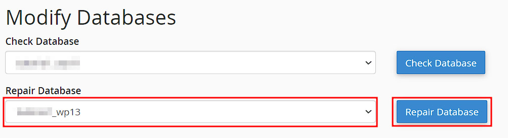 Ремонт базы данных через cPanel