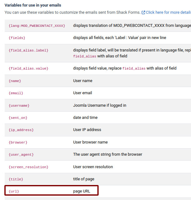 Переменная URL в Shack Forms Pro