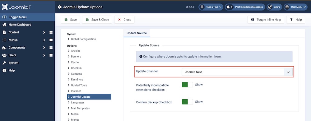 Изменение канала обновления на Joomla Next