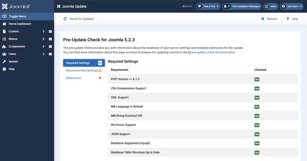 Проверка перед обновлением Joomla 5
