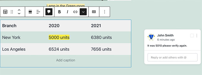 Комментирование в блоке таблицы