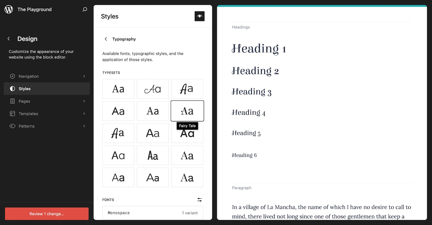 Страница типографики в Книге стилей WordPress с наборами шрифтов слева и стилями заголовков справа