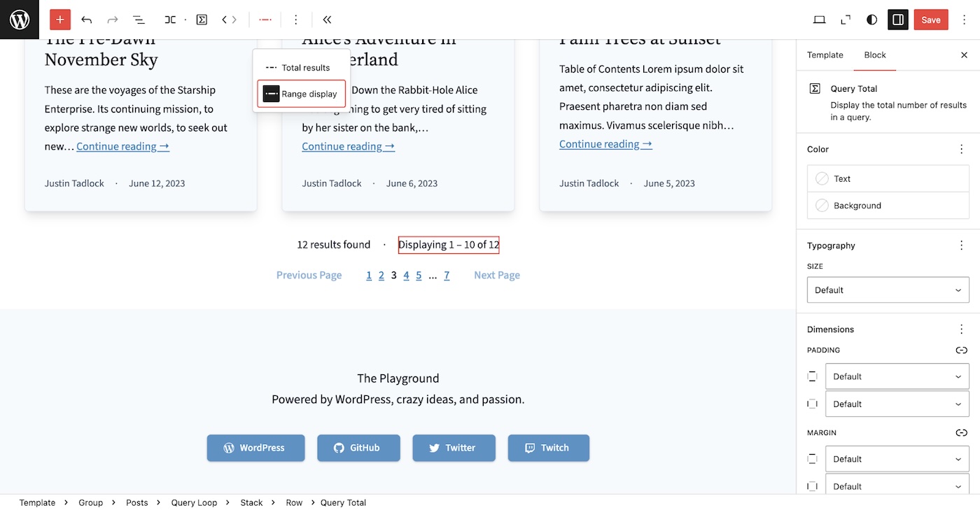 Оранжевые рамки выделяют общие результаты и отображение диапазона в блоке Query Total в WordPress