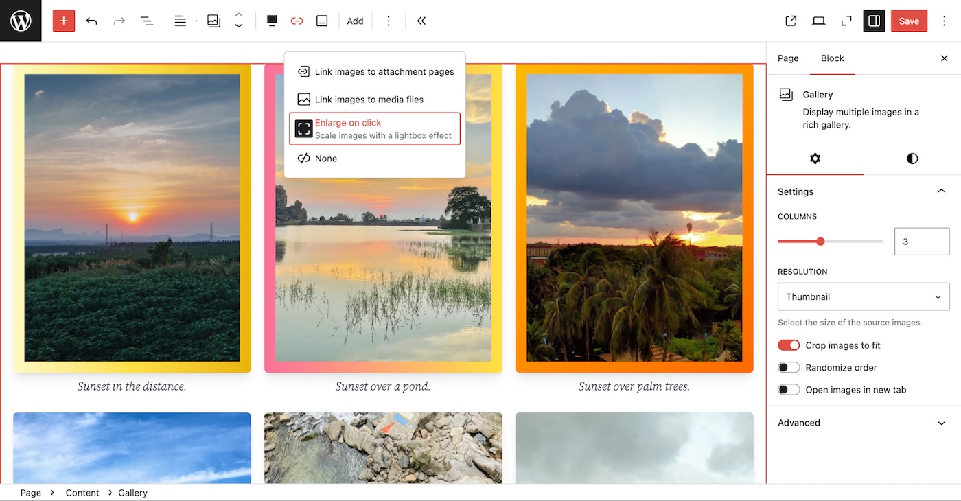Оранжевая рамка выделяет настройку расширения по клику в WordPress