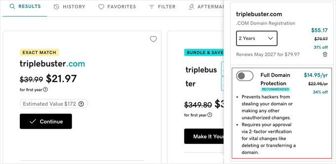 Пропуск дополнительных предложений при покупке домена