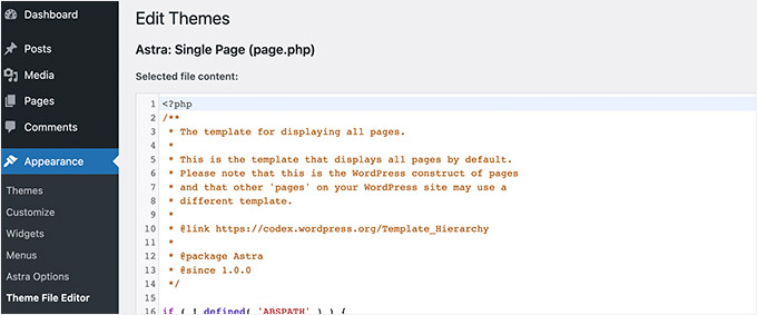 Редактор файлов темы в консоли WordPress