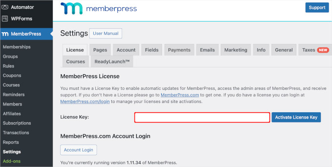 Ввод лицензионного ключа MemberPress