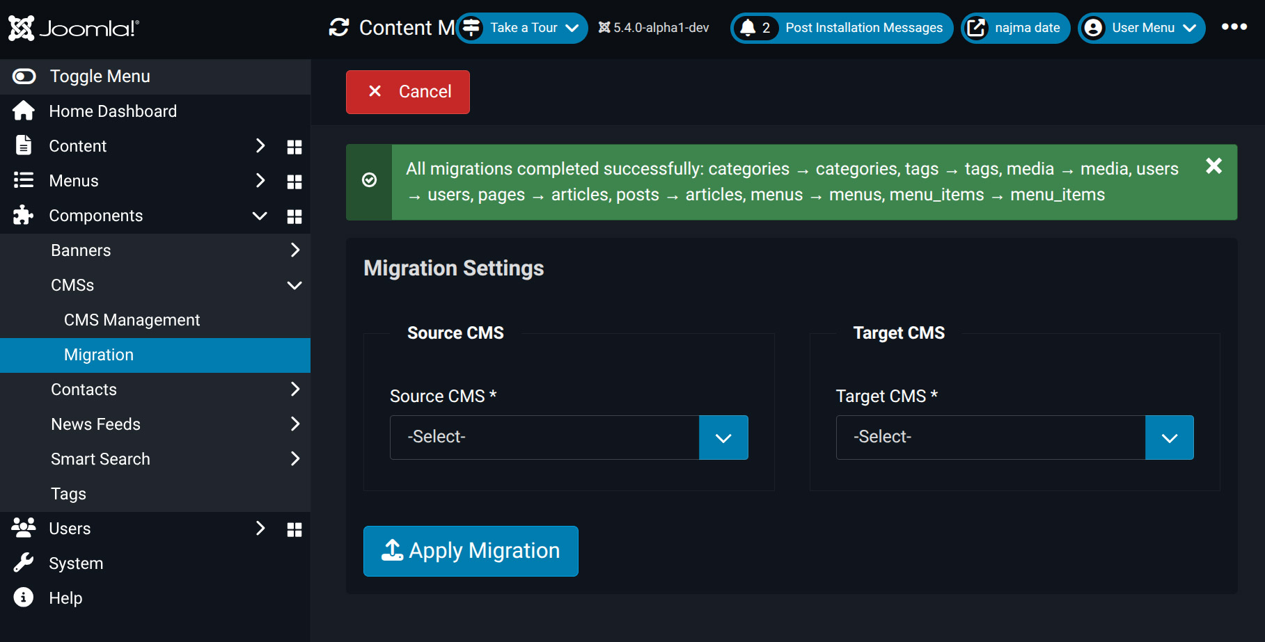 Интерфейс запуска миграции