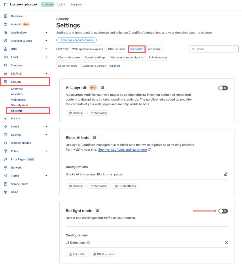 Интерфейс настройки режима Bot Fight Mode в панели управления Cloudflare