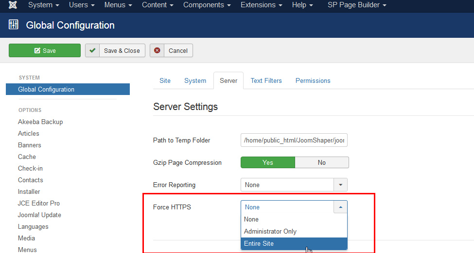 Как включить HTTPS в Joomla