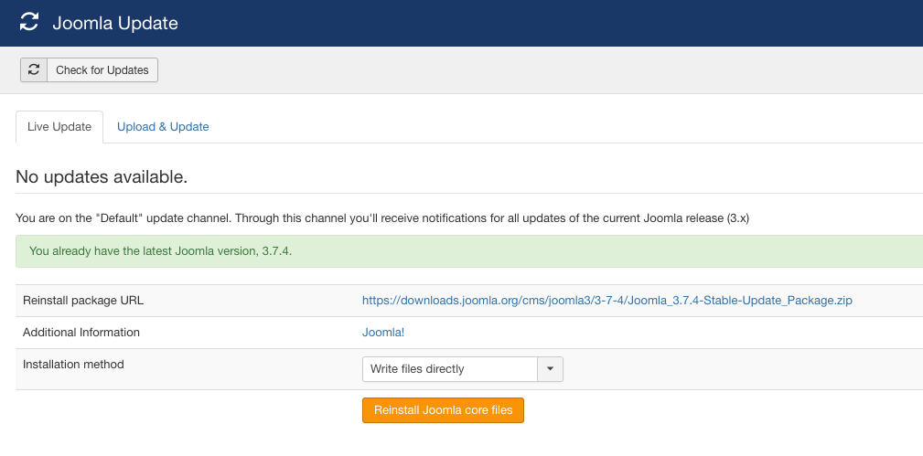 Шаг 6: Переустановка файлов ядра Joomla