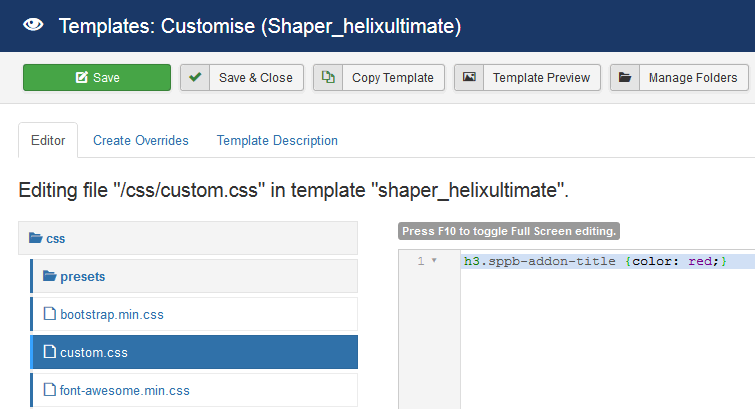 Скриншот: Интеграция пользовательского CSS в Helix Ultimate.