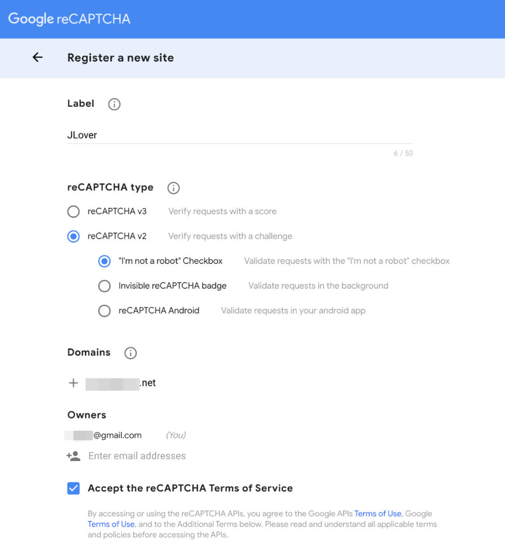 Интерфейс для регистрации нового сайта на Google reCAPTCHA.