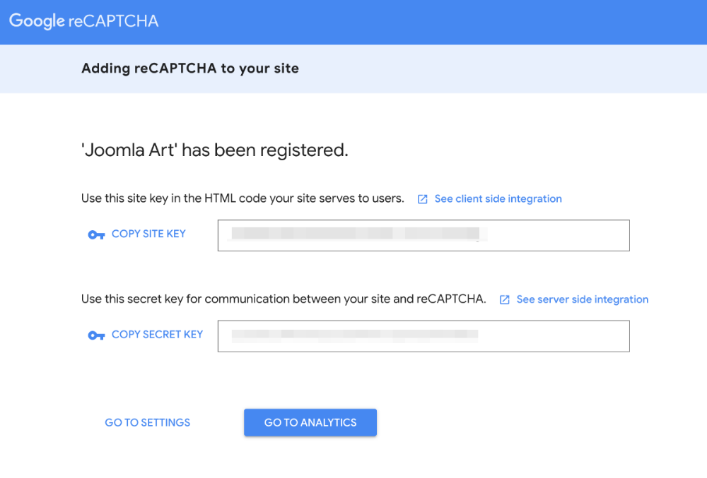 Копирование API-ключей для reCAPTCHA.