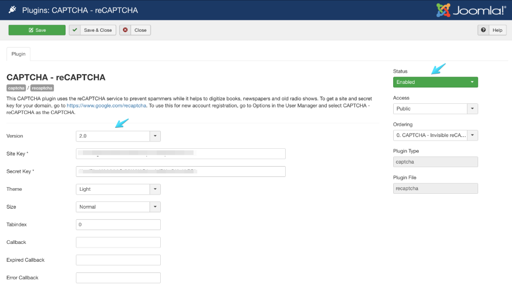 Шаги по настройке плагина Joomla reCAPTCHA