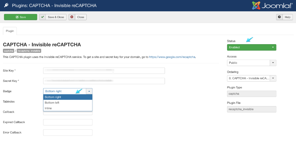 Настройка Невидимого reCAPTCHA в Joomla