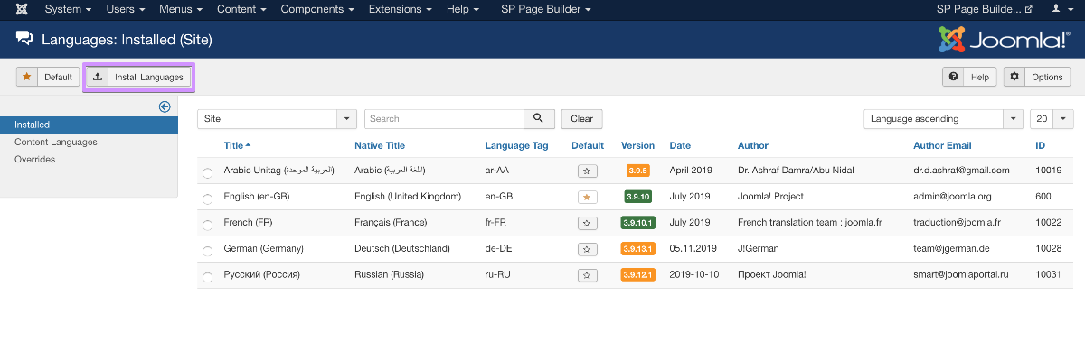 Изображение, показывающее экран Установить языки в административной панели Joomla