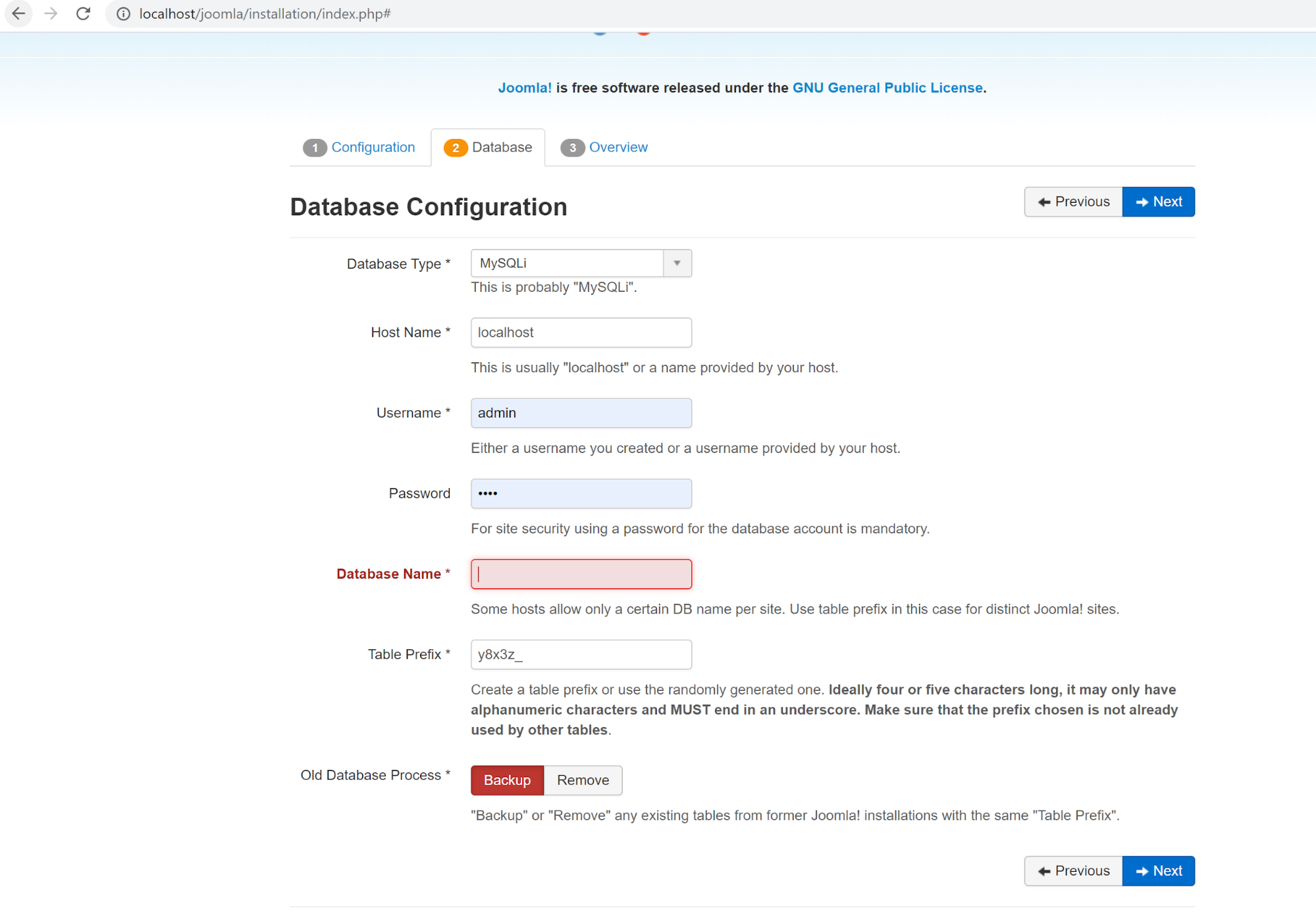 Joomla Database Configuration