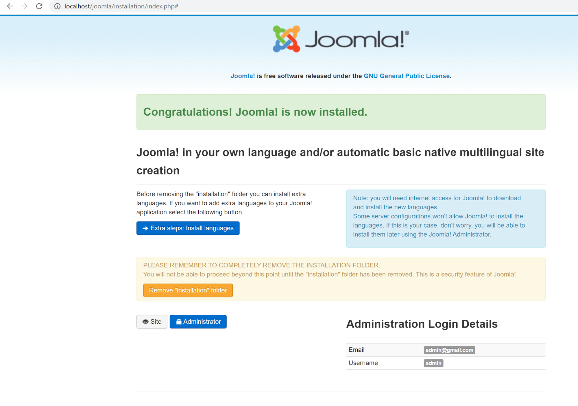 Интерфейс администратора Joomla